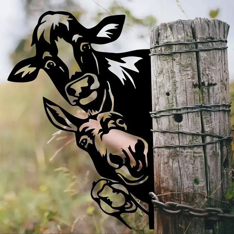 Metal Cow and Donkey Decorative Fence Insert for Gardens
