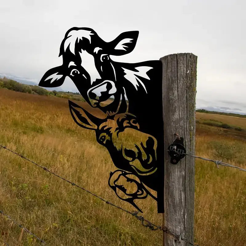 Metal Cow and Donkey Decorative Fence Insert for Gardens