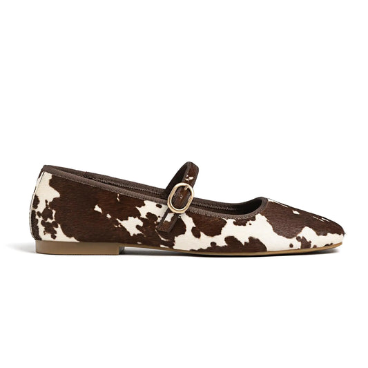 How now Brown Kow Velvet kow Print Ballet Flats for Women Animal Print Square Toe Mary Jane Flats Silver Buckle Comfortable Ballerina Shoes