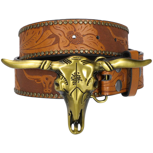 WOWOGO Western kowboy kowgirl Belt for Men and Women Engraved Floral Longhorn Bull Cow Skull Buckle Belt