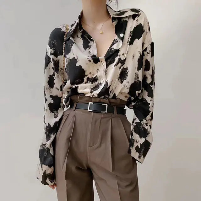 Cow Print Chiffon Shirt - Fashion Spring Top