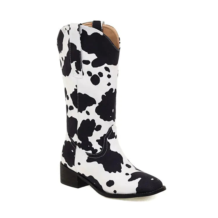 Kooky Kow Vintage how know brown Kow, Print Block Heel Plus Size Women's Boots