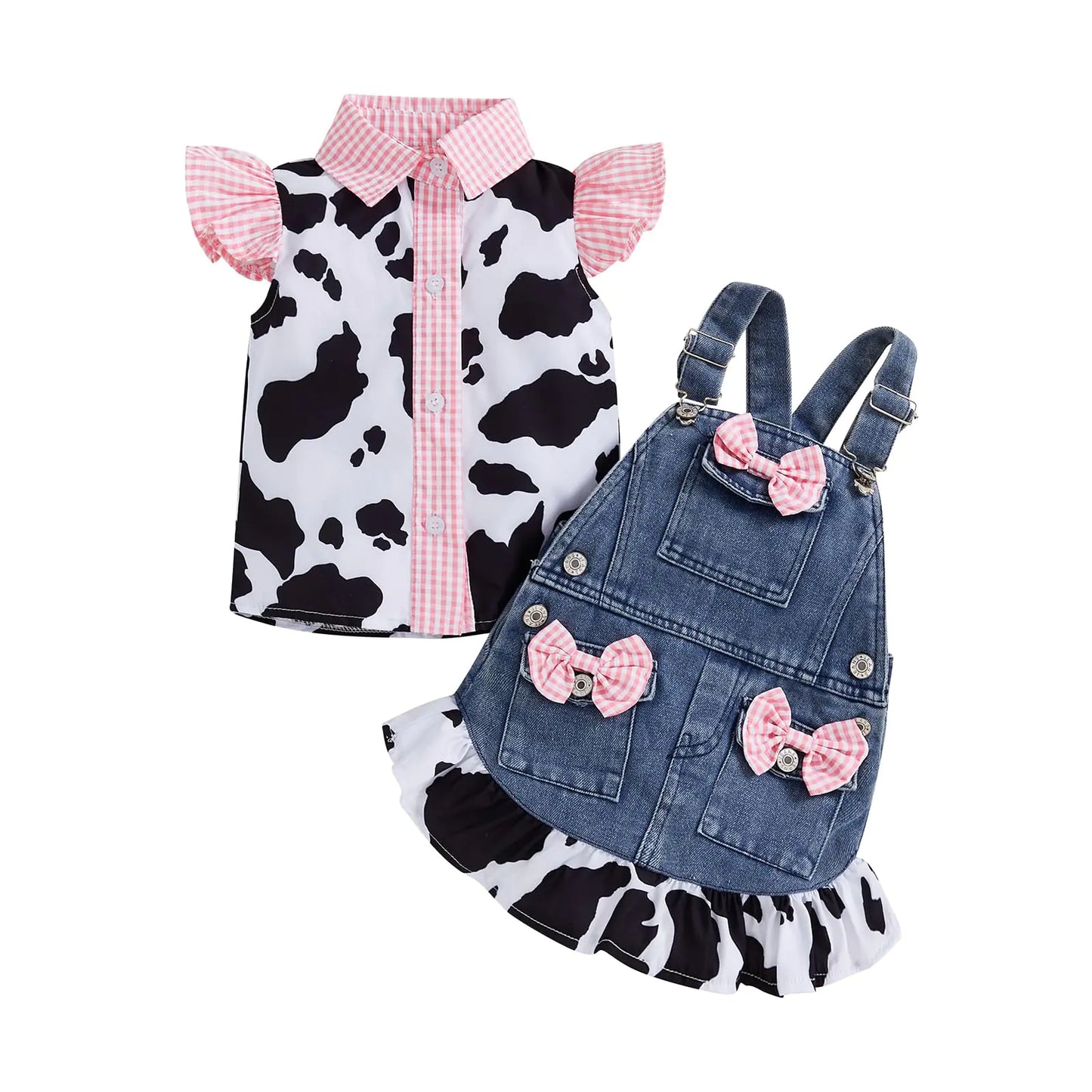 Emmababy Toddler Cowgirl Outfit Kids Denim Overall Dress Set Cow Print Button Up Shirt Jeans Suspenders Skirt with Pockets (Blue 2-3T)
