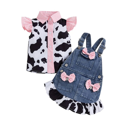 Emmababy Toddler Cowgirl Outfit Kids Denim Overall Dress Set Cow Print Button Up Shirt Jeans Suspenders Skirt with Pockets (Blue 2-3T)