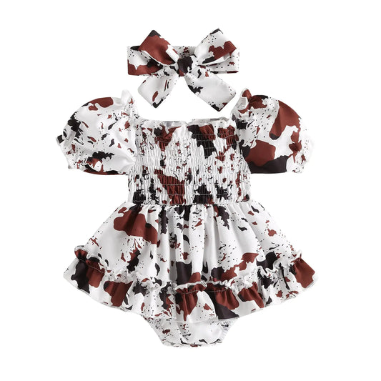 Kooky Kow - Infant Baby Girl Bubble Romper Ruffled Dress Cow Print Onesie Summer Dresses Cute Clothes and Headbands (Cow Print Romper0-6 Months)