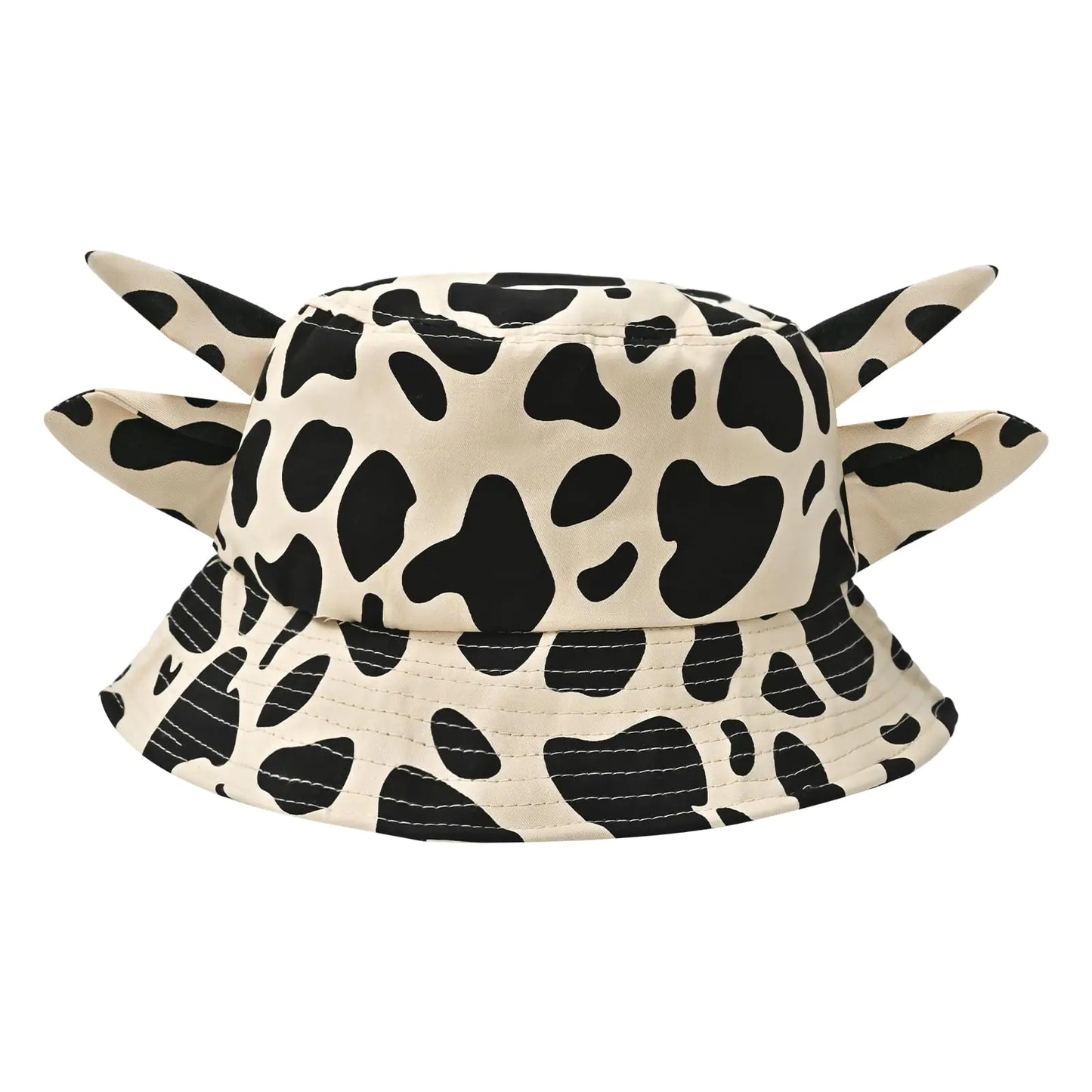 Kooky Kow Print Bucket Hat with Cute Horn Ears Cow Print Summer Beach Sun Hat Fishermans Cow Bucket Hat Khaki