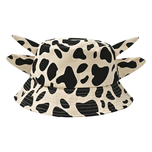 Kooky Kow Print Bucket Hat with Cute Horn Ears Cow Print Summer Beach Sun Hat Fishermans Cow Bucket Hat Khaki