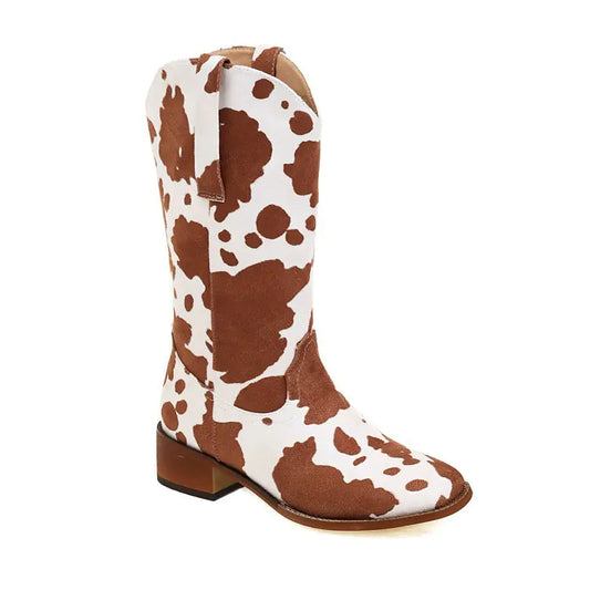 Kooky Kow Vintage how know brown Kow, Print Block Heel Plus Size Women's Boots
