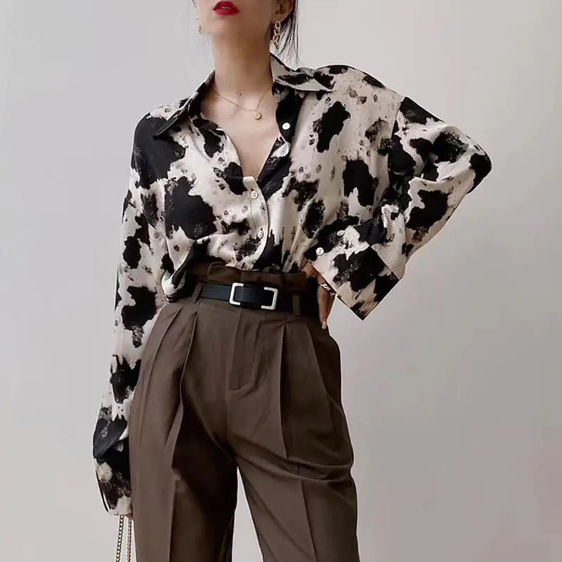 Cow Print Chiffon Shirt - Fashion Spring Top