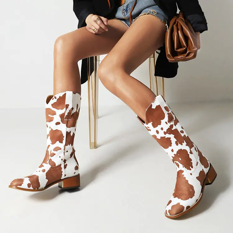 Kooky Kow Vintage how know brown Kow, Print Block Heel Plus Size Women's Boots